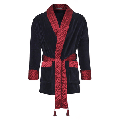 Cliveden Short Velvet Navy Smoking Jacket with Quilted Satin Collar
