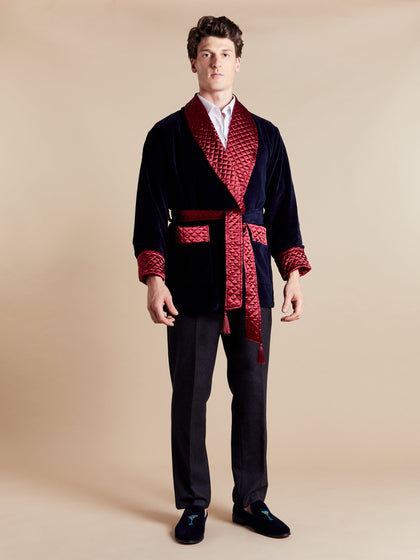 Cliveden Short Velvet Navy Smoking Jacket with Quilted Satin Collar