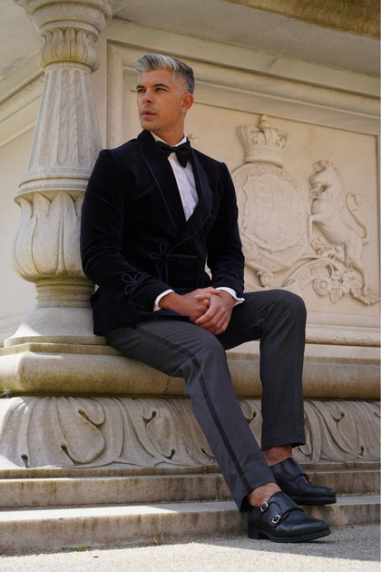 Made to Measure Double Breasted Mens Italian Velvet Smoking Jacket - Navy