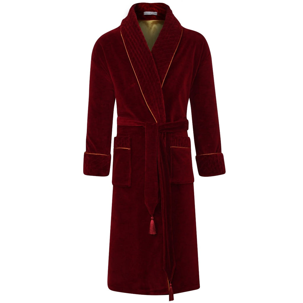 Donington Luxury Cotton Long Velvet Smoking Jacket in Burgundy