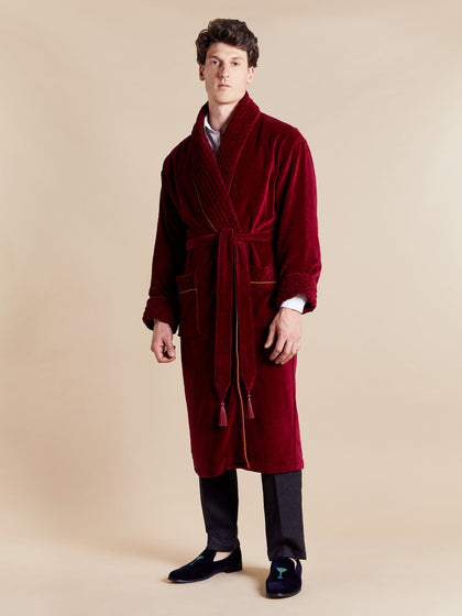 Donington Luxury Cotton Long Velvet Smoking Jacket in Burgundy