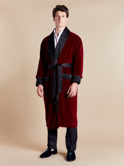 Astor Luxury Cotton Long Velvet Smoking Jacket in Burgundy