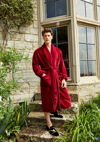 Donington Luxury Cotton Long Velvet Robe in Burgundy | Bown of London ...