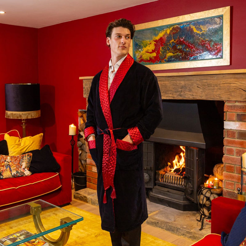 Mayfair Long Velvet Navy Smoking Jacket Robe | Bown of London