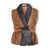 Gold paisley patterned vest with quilted black interior on a white background