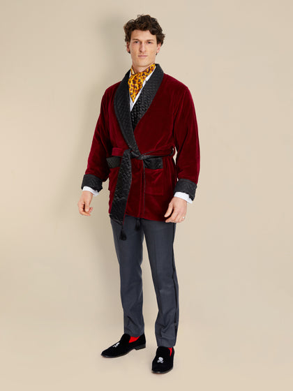 Belgravia Luxury Cotton Short Velvet Smoking Jacket in Burgundy