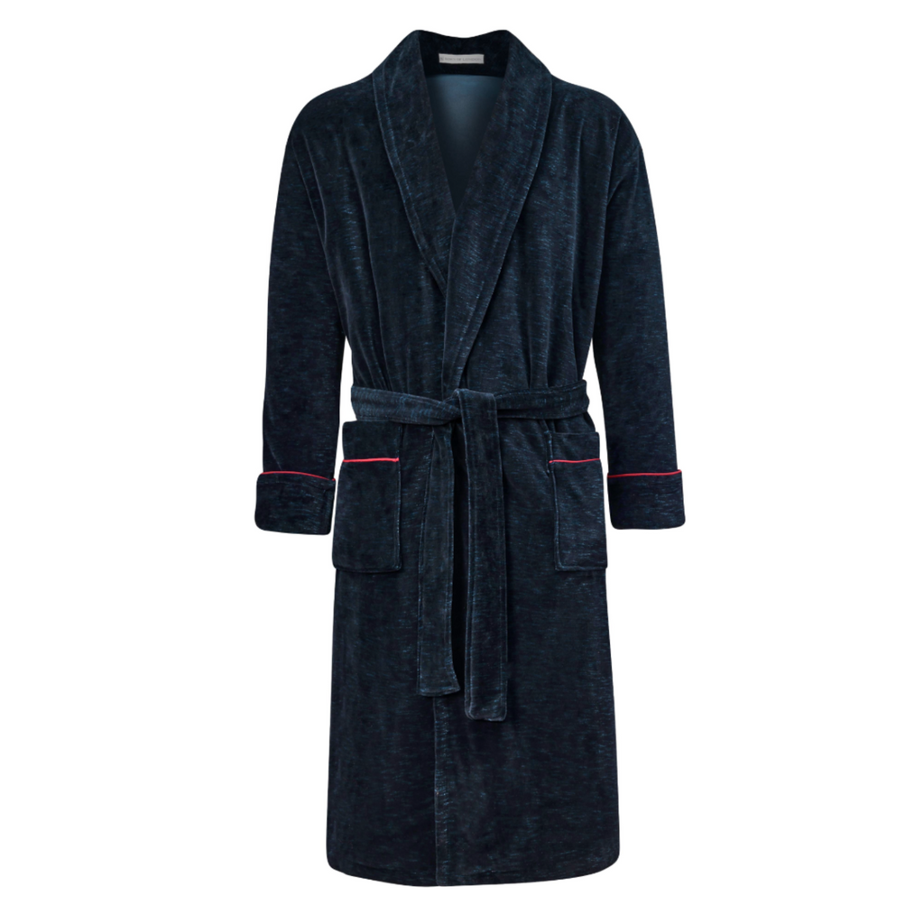 Carnegie Luxury Cotton Long Velvet Smoking Jacket in Navy