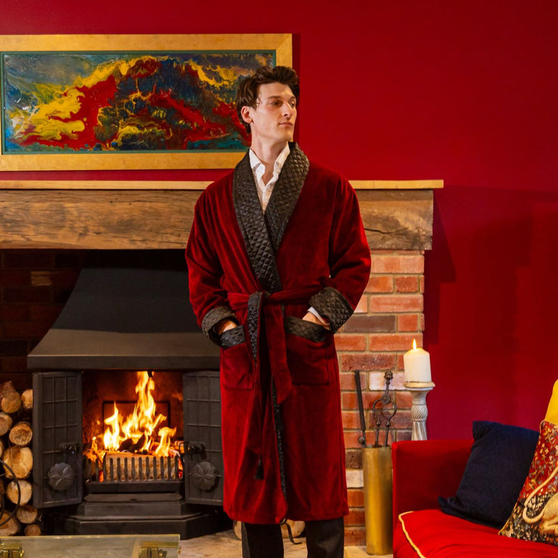 Astor Luxury Cotton Long Velvet Robe in Burgundy | Bown of London