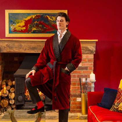 Astor Luxury Cotton Long Velvet Robe in Burgundy | Bown of London  | close-up