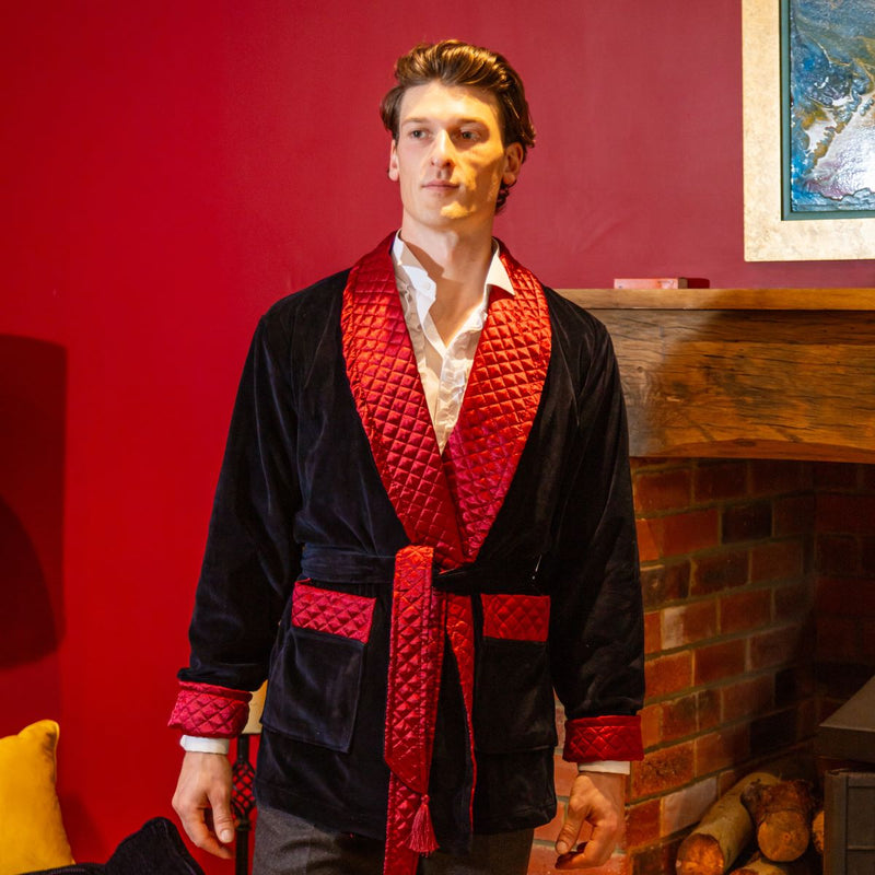 Cliveden Short Velvet Navy Smoking Jacket Robe with Quilted Satin Collar & Fold Back Cuffs Main Image
