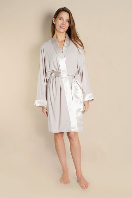 Gaia womens lightweight dressing gown in beige - model