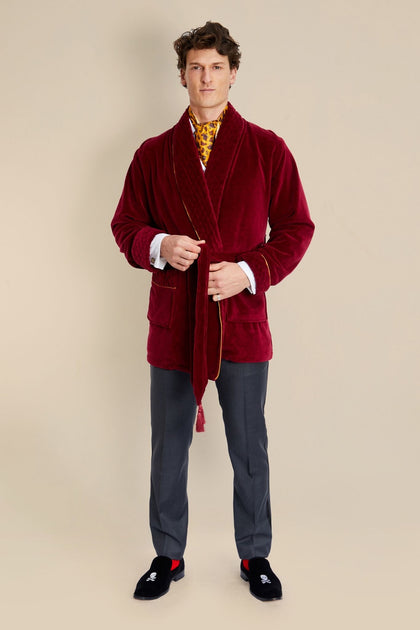 Howard Luxury Cotton Short Velvet Smoking Jacket in Burgundy