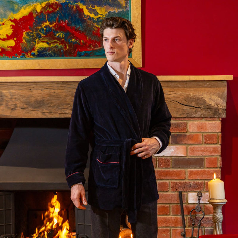 Rockefeller Luxury Cotton Short Velvet Robe in Navy Leaning main image