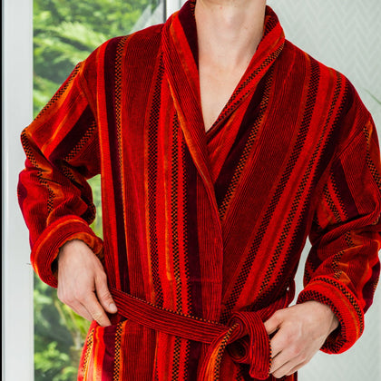Men's Luxury Navy and Red Striped Velour Dressing Gown