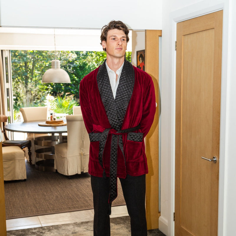 Belgravia Luxury Cotton Short Velvet Robe in Burgundy Full Length